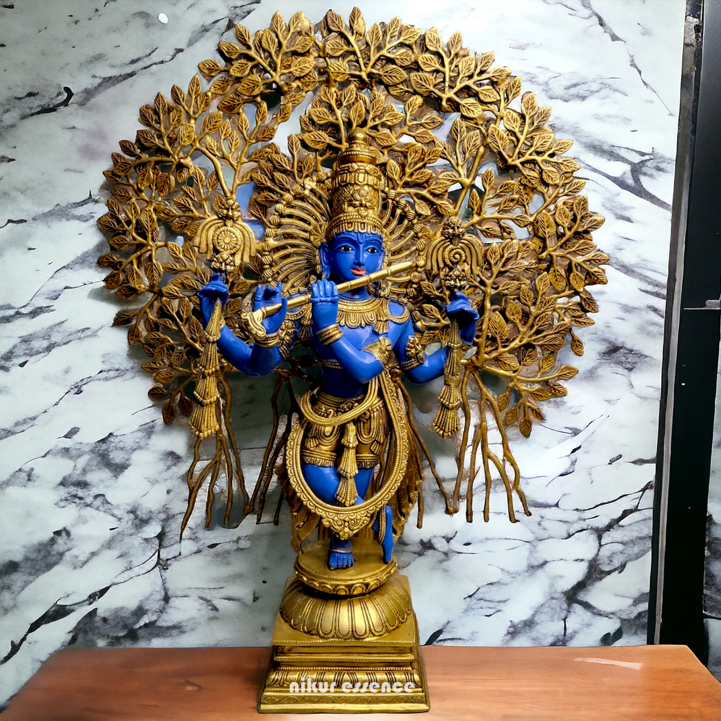 Brass Blue Krishna Standing with Playing Flute Idol - 96.5 cm Nikuressence