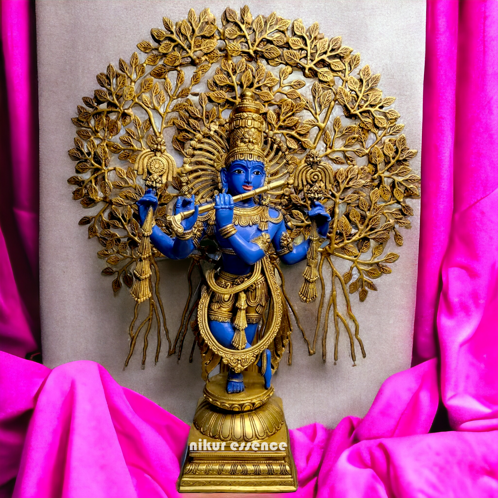 Brass Blue Krishna Standing with Playing Flute Idol - 96.5 cm Nikuressence