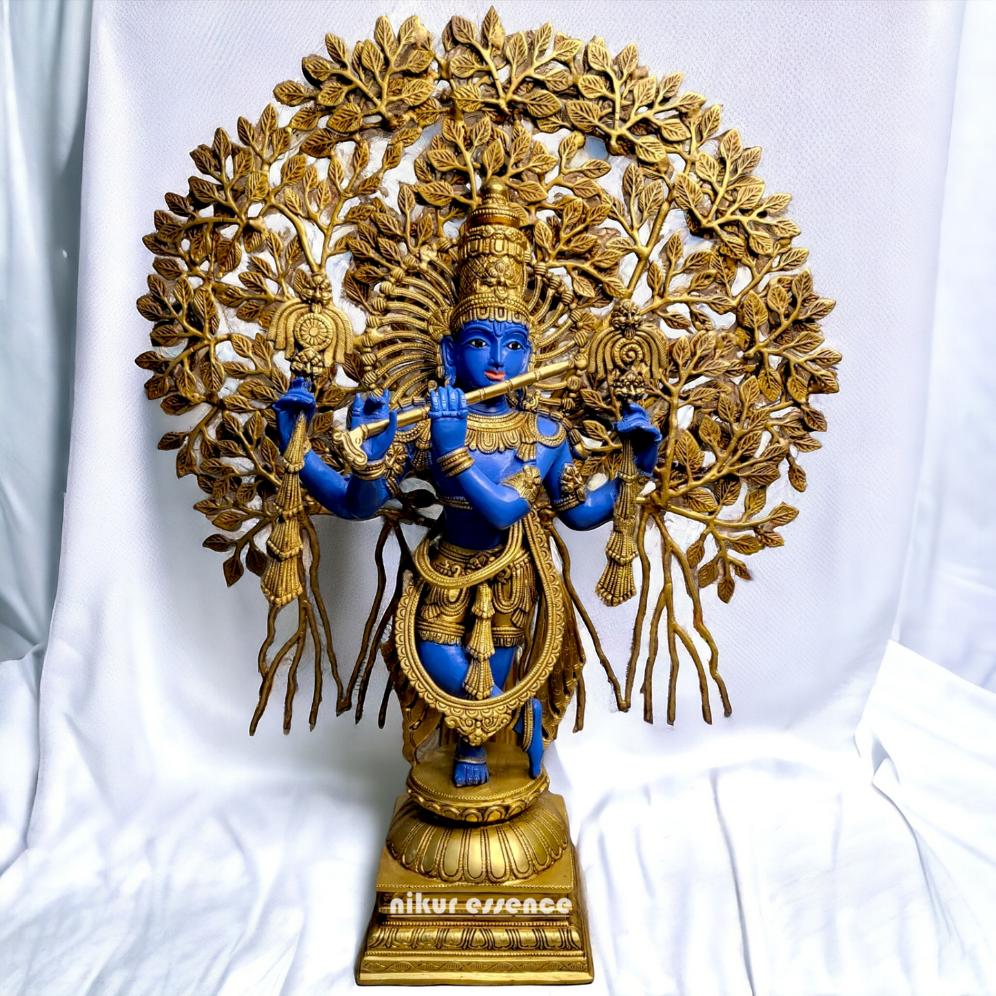 Brass Blue Krishna Standing with Playing Flute Idol - 96.5 cm Nikuressence