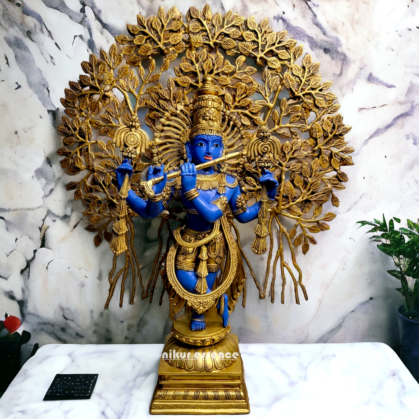 Brass Blue Krishna Standing with Playing Flute Idol - 96.5 cm Nikuressence