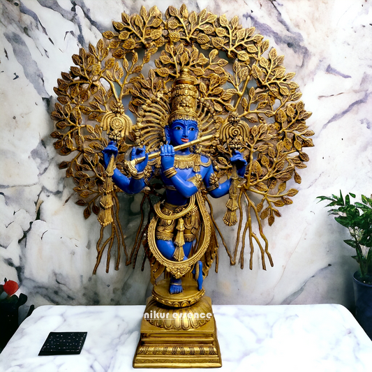 Brass Blue Krishna Standing with Playing Flute Idol - 96.5 cm Nikuressence