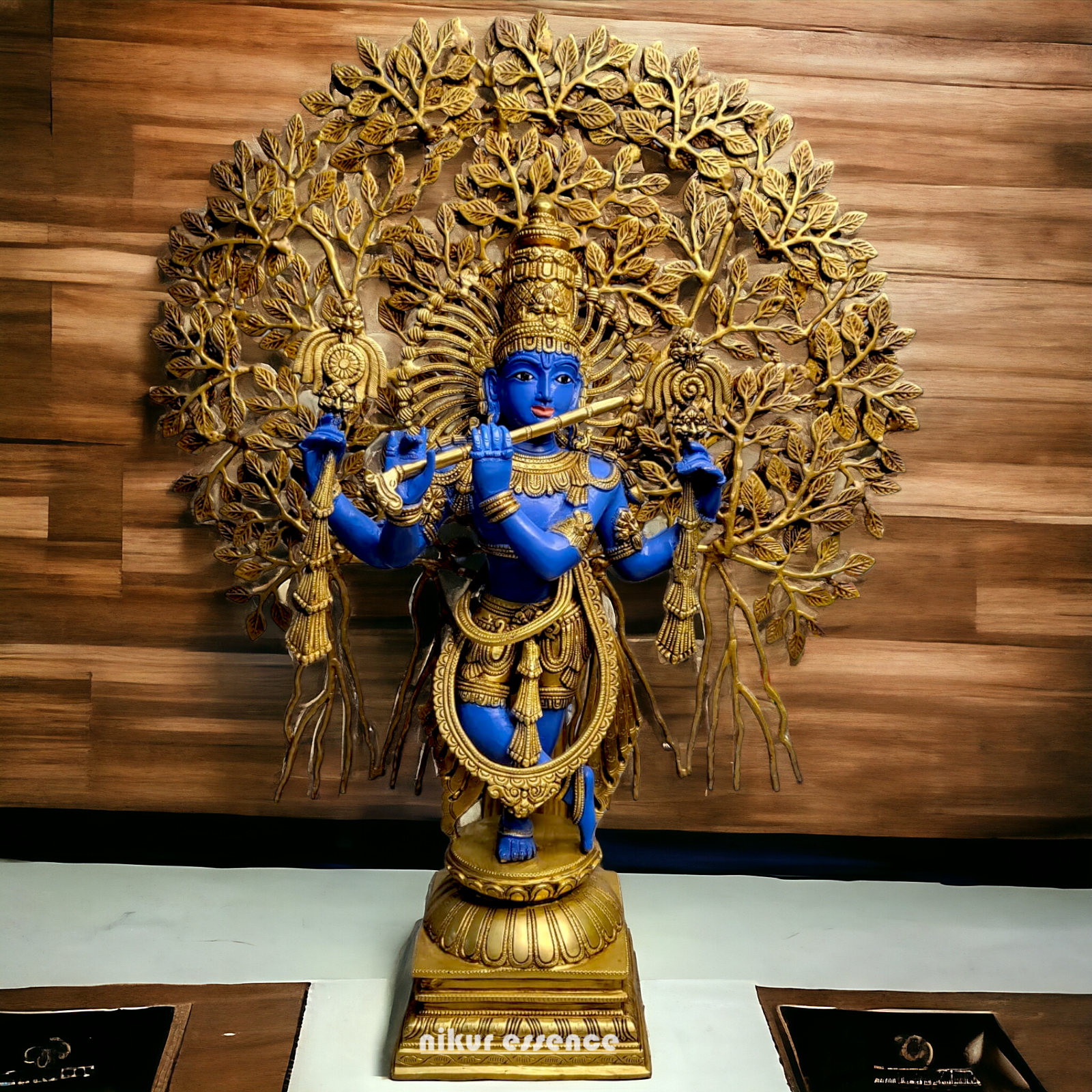 Brass Blue Krishna Standing with Playing Flute Idol - 96.5 cm Nikuressence
