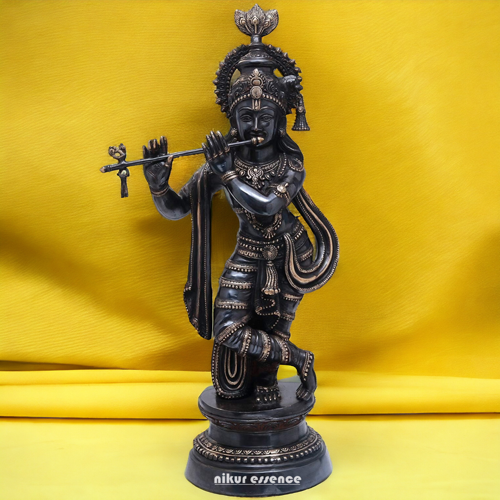 Lord Brass Black Krishna Murli with Playing Flute - 35 Inch Nikuressence
