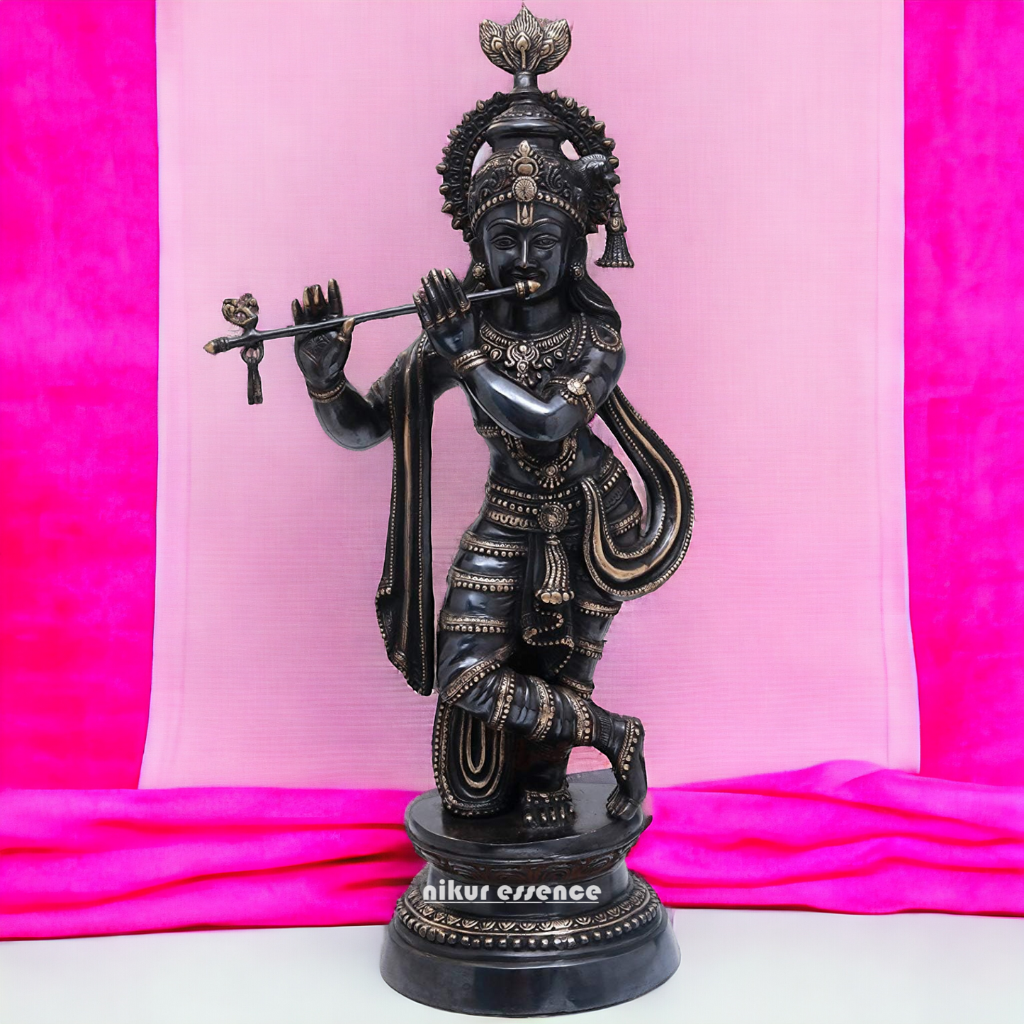 Lord Brass Black Krishna Murli with Playing Flute - 35 Inch Nikuressence