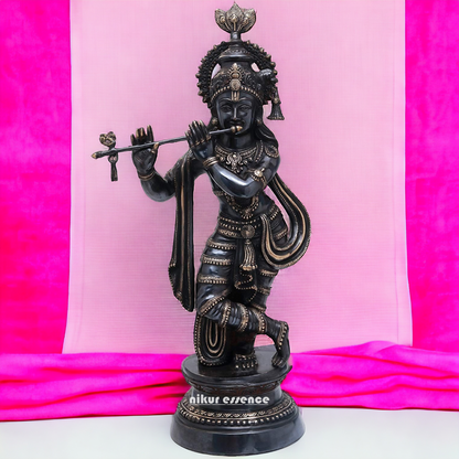 Lord Brass Black Krishna Murli with Playing Flute - 35 Inch Nikuressence