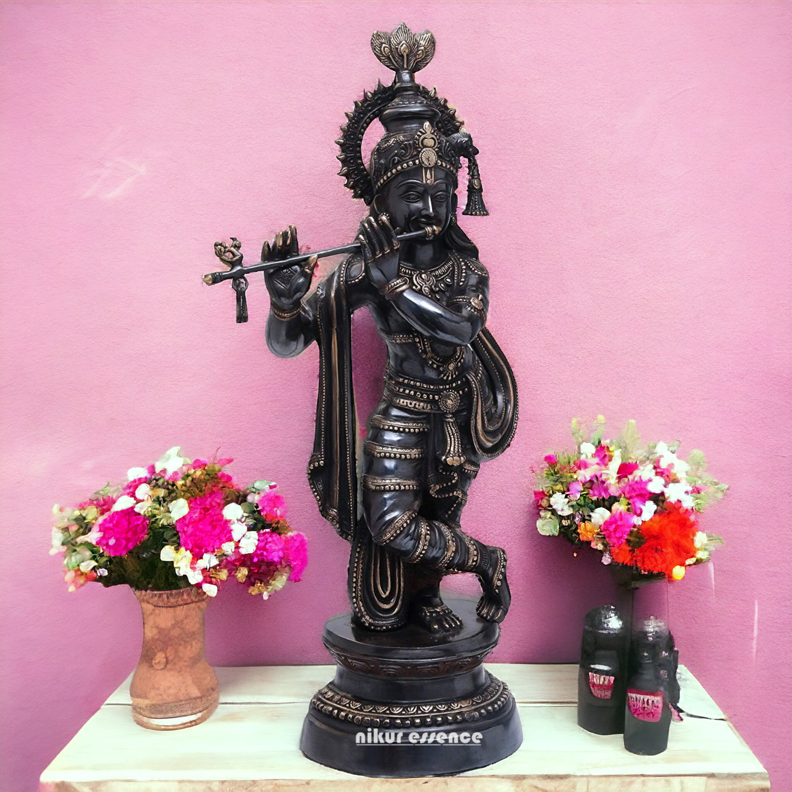 Lord Brass Black Krishna Murli with Playing Flute - 35 Inch Nikuressence