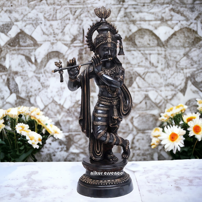Lord Brass Black Krishna Murli with Playing Flute - 35 Inch Nikuressence