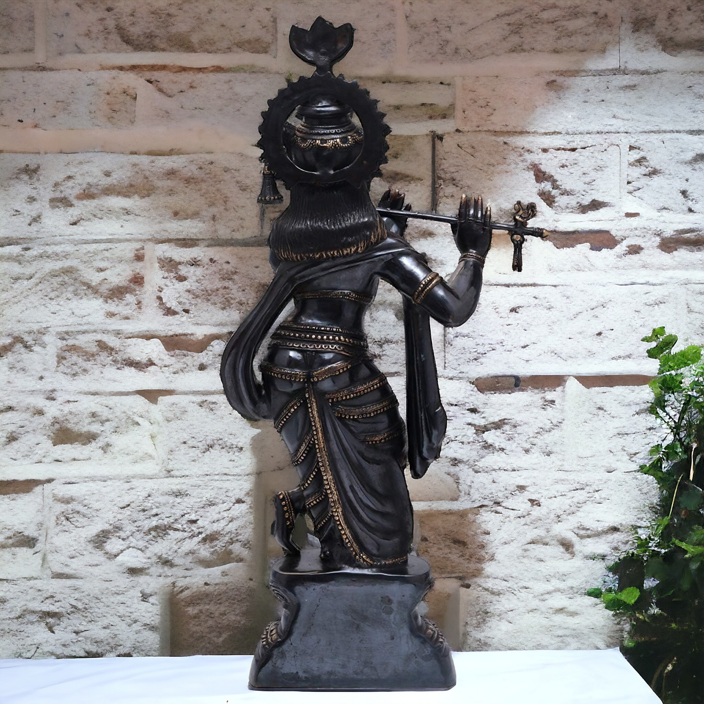 Lord Brass Black Krishna Murli with Playing Flute - 35 Inch Nikuressence