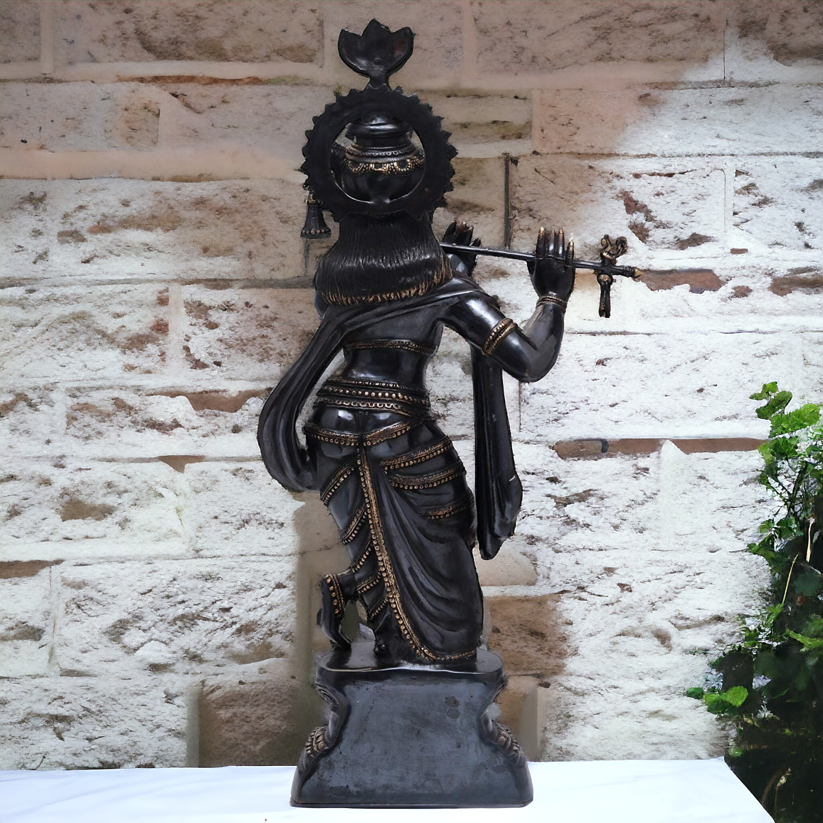 Lord Brass Black Krishna Murli with Playing Flute - 35 Inch Nikuressence