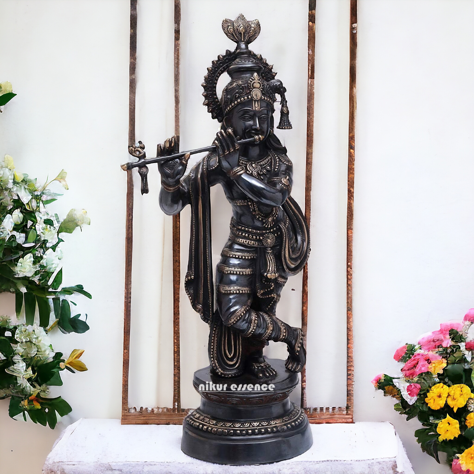 Lord Brass Black Krishna Murli with Playing Flute - 35 Inch Nikuressence