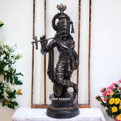 Lord Brass Black Krishna Murli with Playing Flute - 35 Inch Nikuressence