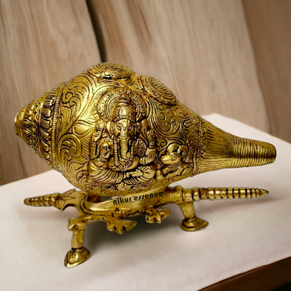 Solid Brass Shankh Ganesh Lakshmi with stand - 9 Inch Nikuressence