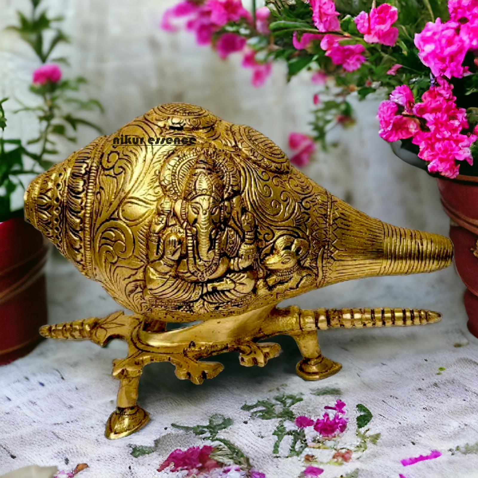 Solid Brass Shankh Ganesh Lakshmi with stand - 9 Inch Nikuressence