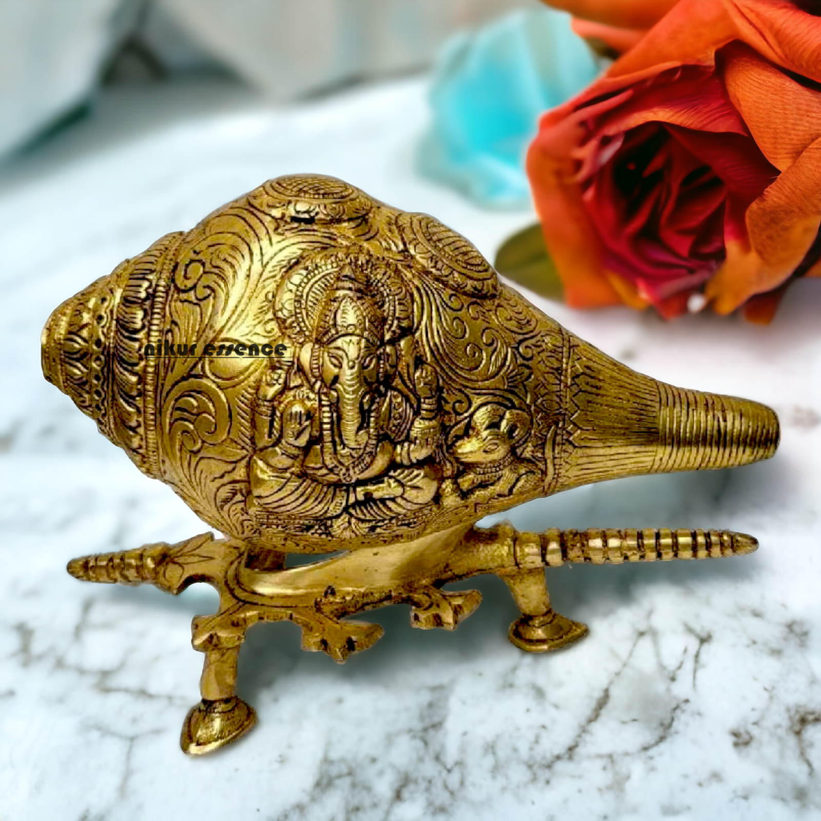 Solid Brass Shankh Ganesh Lakshmi with stand - 9 Inch Nikuressence