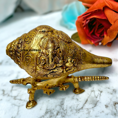 Solid Brass Shankh Ganesh Lakshmi with stand - 9 Inch Nikuressence