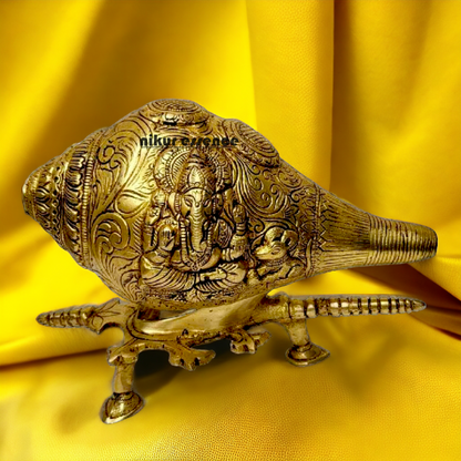 Solid Brass Shankh Ganesh Lakshmi with stand - 9 Inch Nikuressence