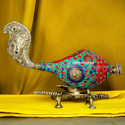 Brass Shankh with stand stone work - 13 Inch Nikuressence
