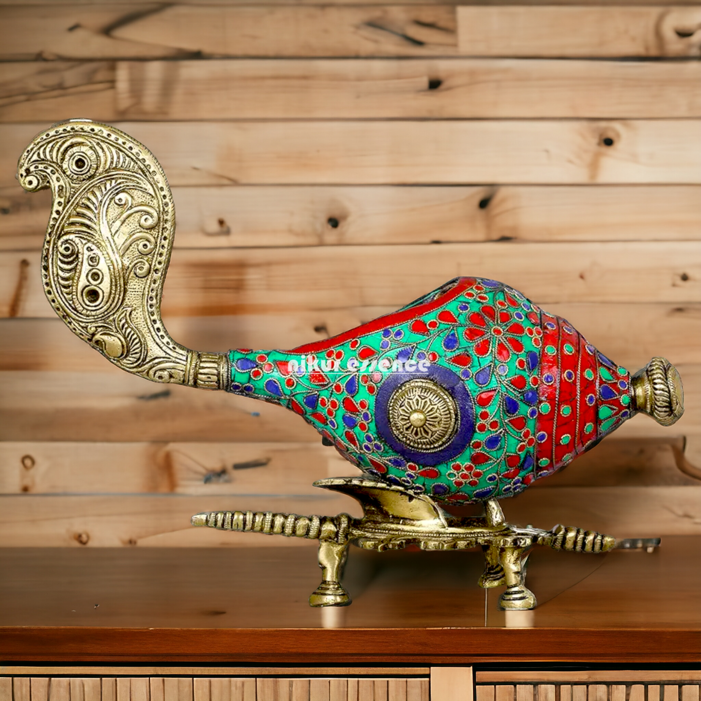 Brass Shankh with stand stone work - 13 Inch Nikuressence