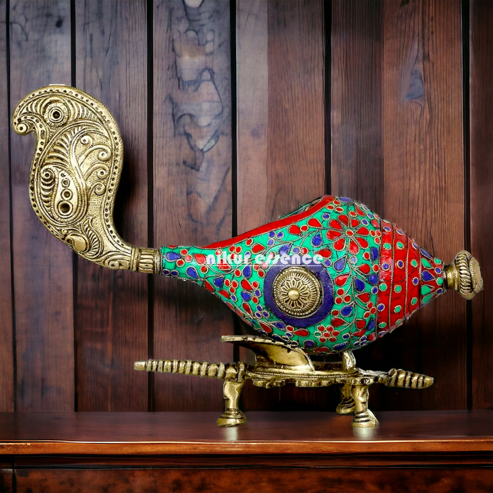 Brass Shankh with stand stone work - 13 Inch Nikuressence