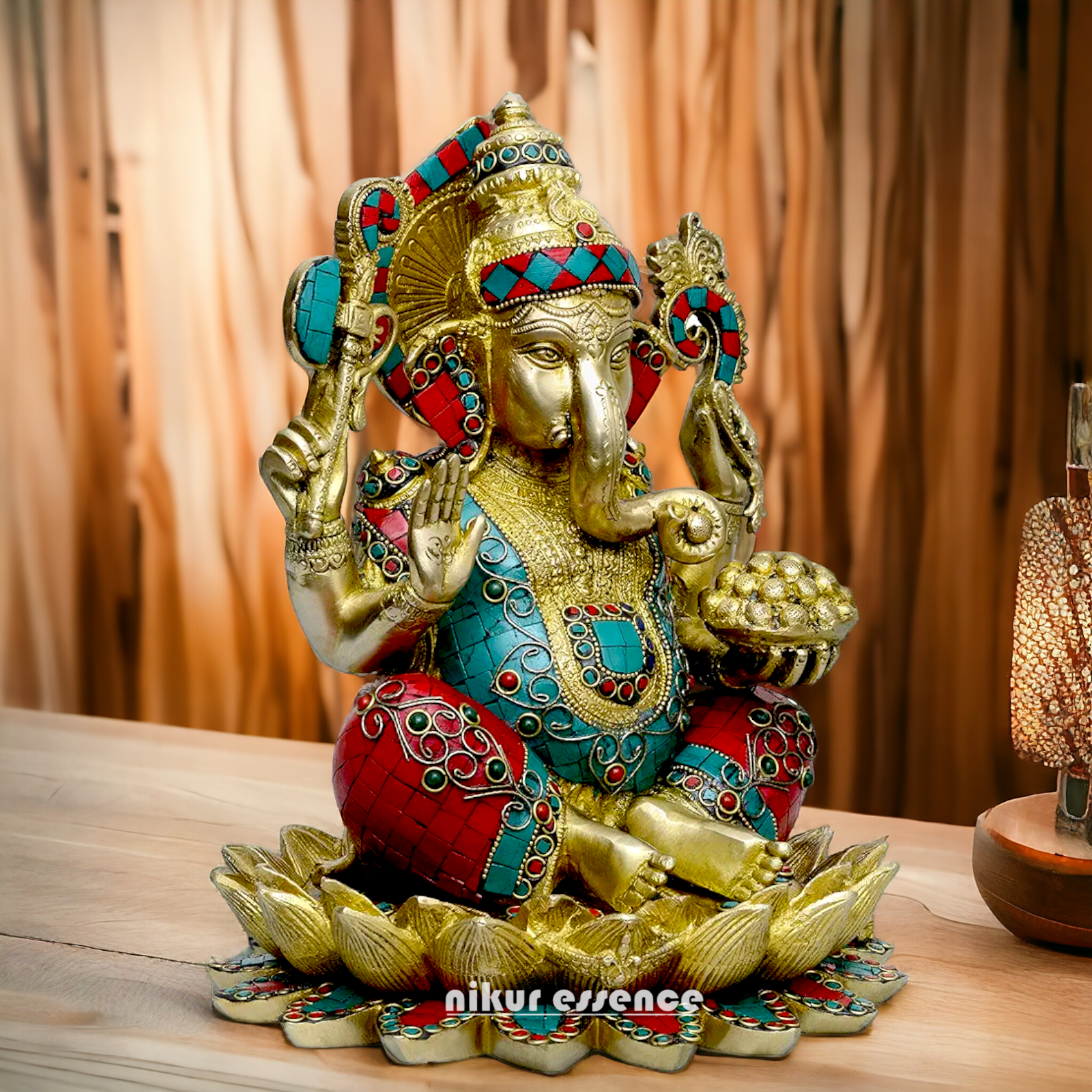 Large Ganesh Sitting on Lotus Brass Idol with Stone Work - 11 Inch Nikuressence