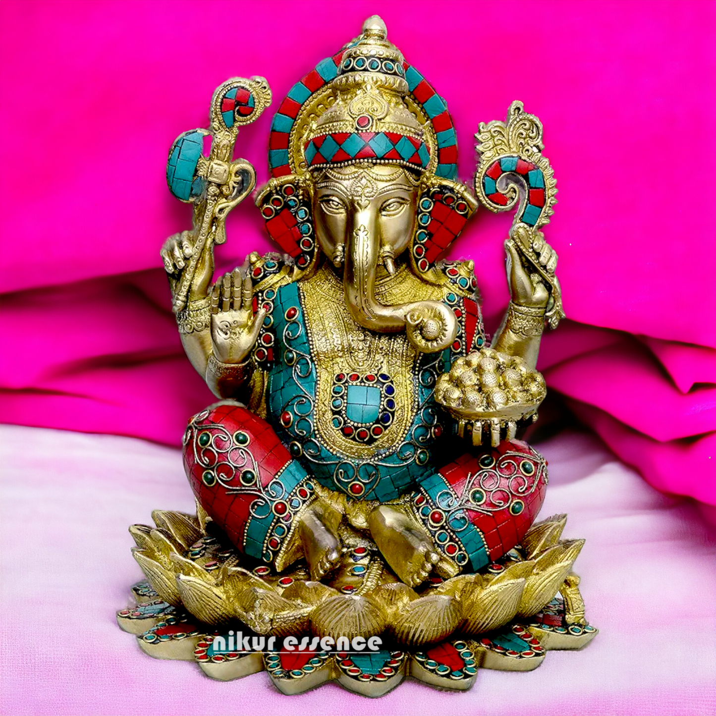 Large Ganesh Sitting on Lotus Brass Idol with Stone Work - 11 Inch Nikuressence
