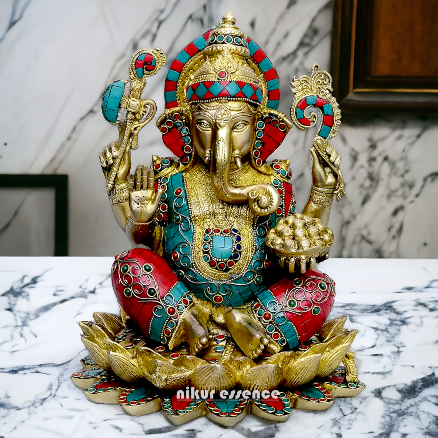 Large Ganesh Sitting on Lotus Brass Idol with Stone Work - 11 Inch Nikuressence