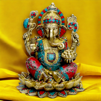 Large Ganesh Sitting on Lotus Brass Idol with Stone Work - 11 Inch Nikuressence