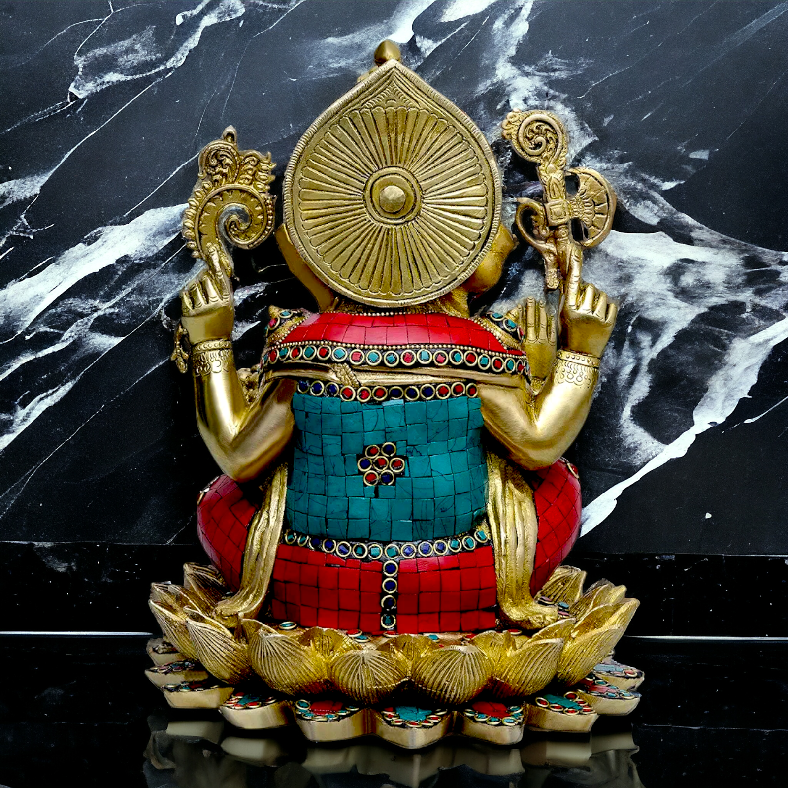 Large Ganesh Sitting on Lotus Brass Idol with Stone Work - 11 Inch Nikuressence