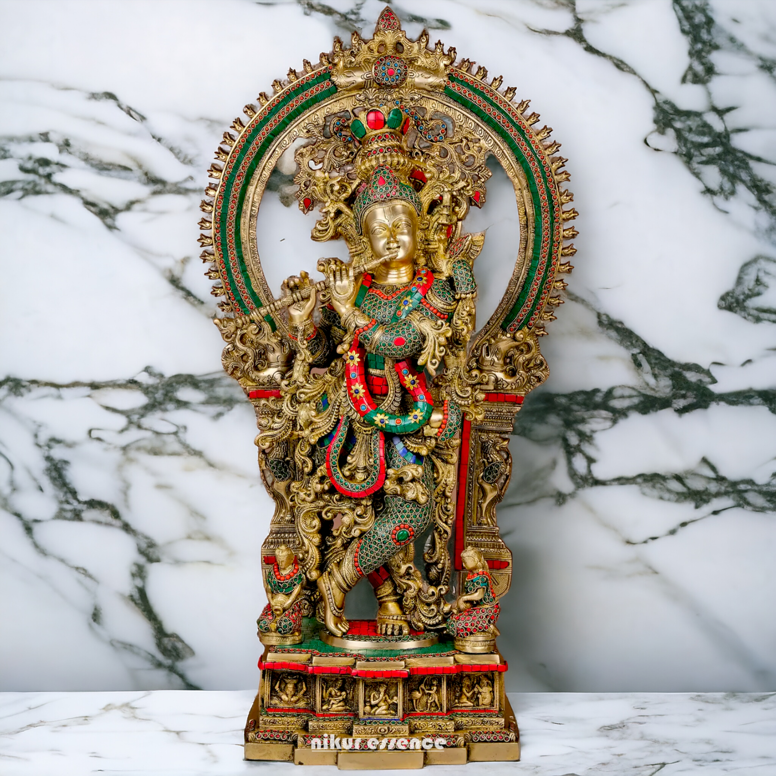 Large Brass Krishna Playing Flute with Stone Work - 82 cm Nikuressence