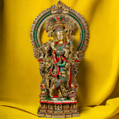 Large Brass Krishna Playing Flute with Stone Work - 82 cm Nikuressence