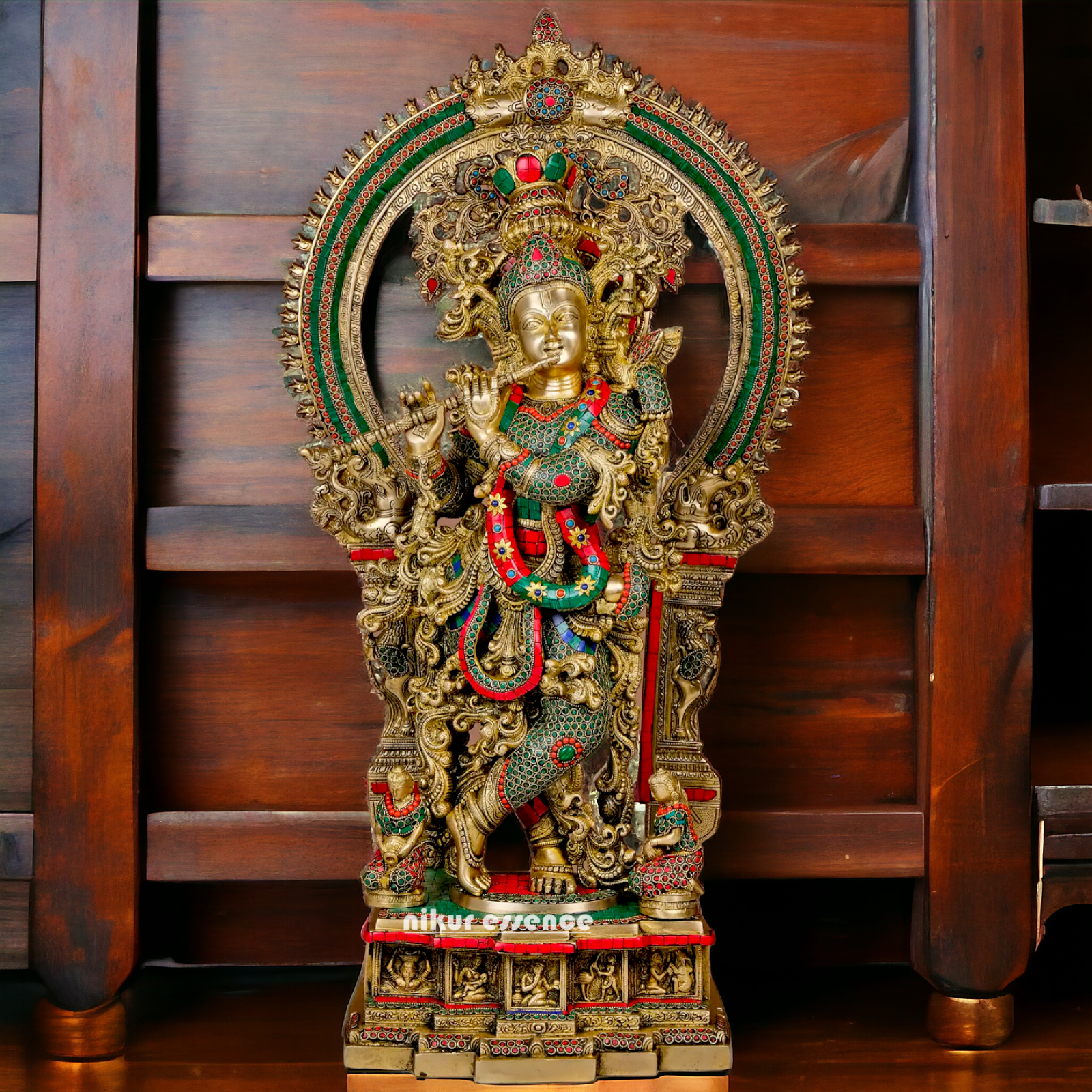 Large Brass Krishna Playing Flute with Stone Work - 82 cm Nikuressence