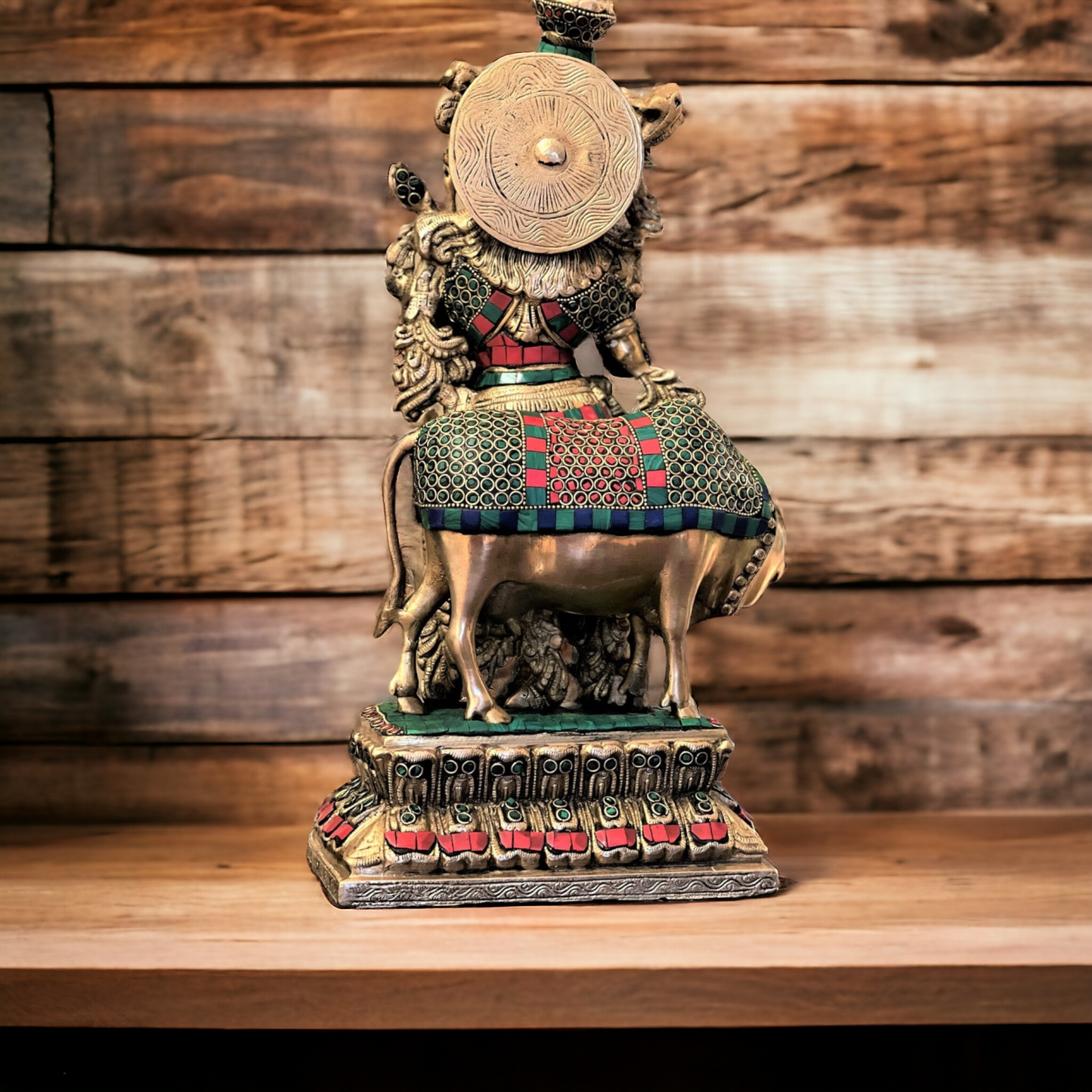 Buy Brass Krishna Murli Playing Flute with Cow Stone Work Idol - 17 Inch Nikuressence