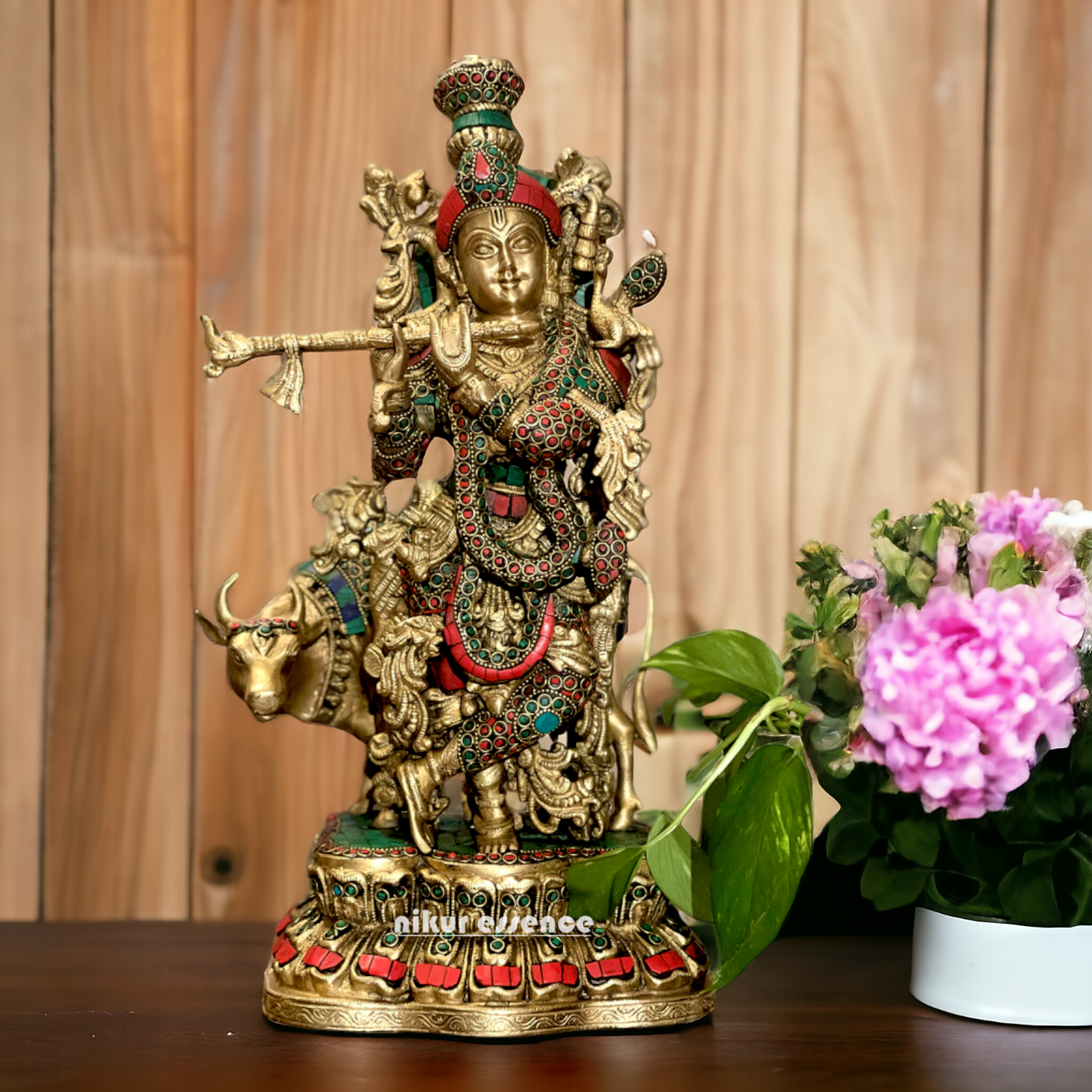 Buy Brass Krishna Murli Playing Flute with Cow Stone Work Idol - 17 Inch Nikuressence