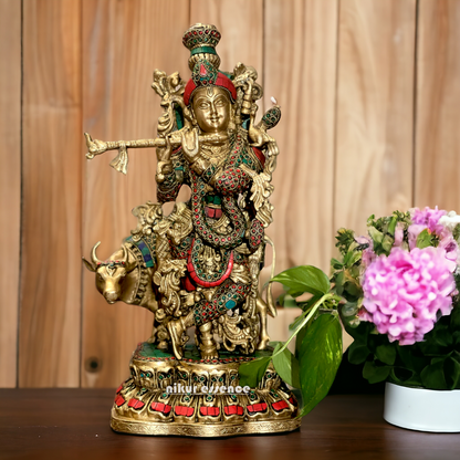 Buy Brass Krishna Murli Playing Flute with Cow Stone Work Idol - 17 Inch Nikuressence