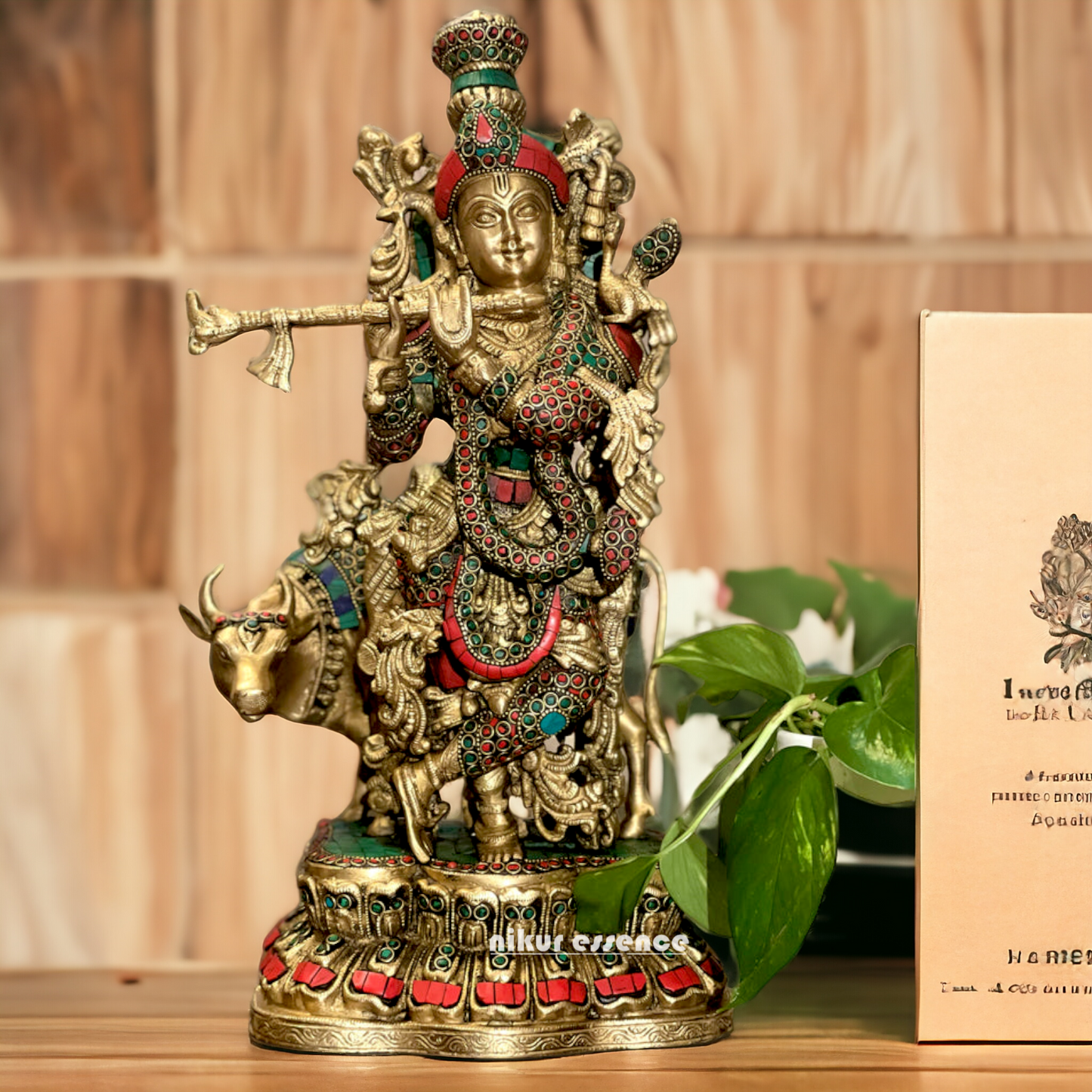 Buy Brass Krishna Murli Playing Flute with Cow Stone Work Idol - 17 Inch Nikuressence