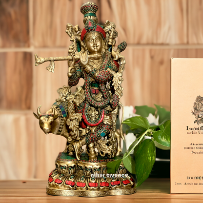 Buy Brass Krishna Murli Playing Flute with Cow Stone Work Idol - 17 Inch Nikuressence