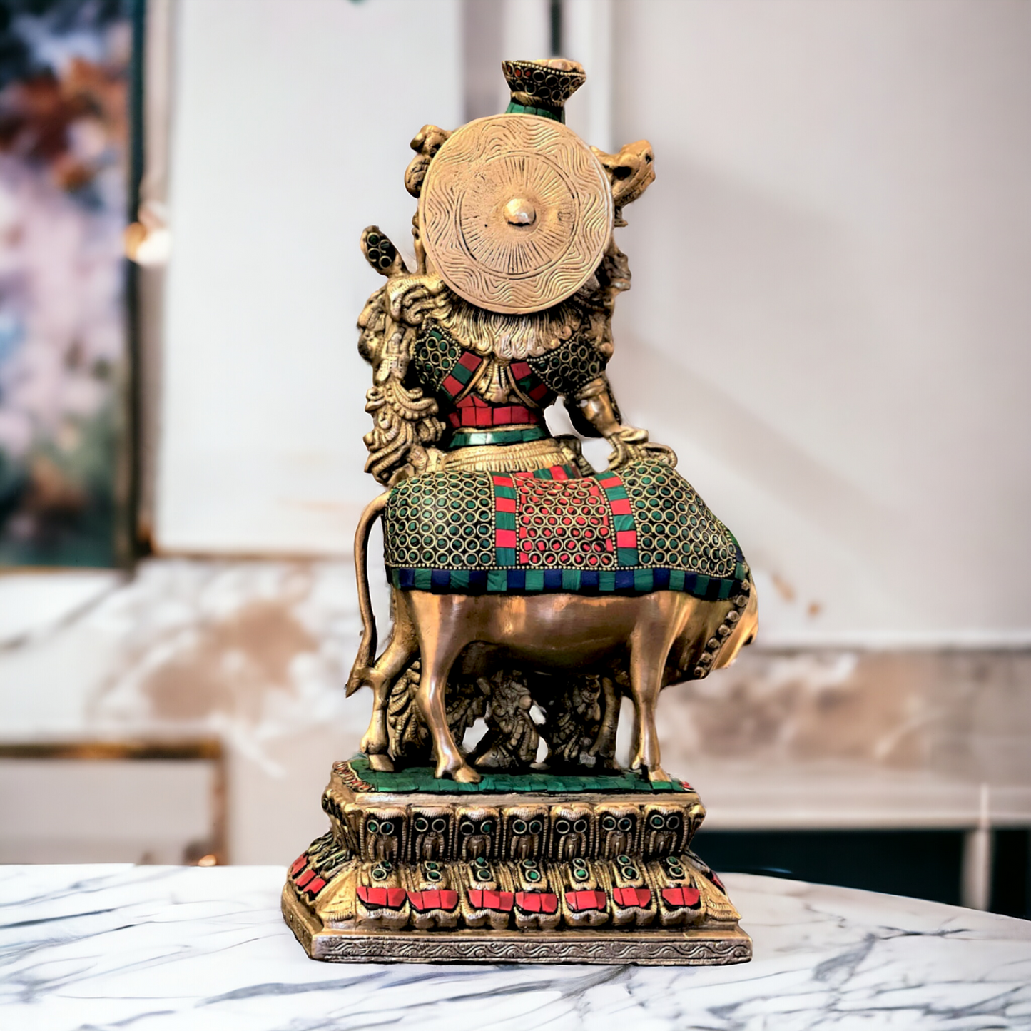 Buy Brass Krishna Murli Playing Flute with Cow Stone Work Idol - 17 Inch Nikuressence