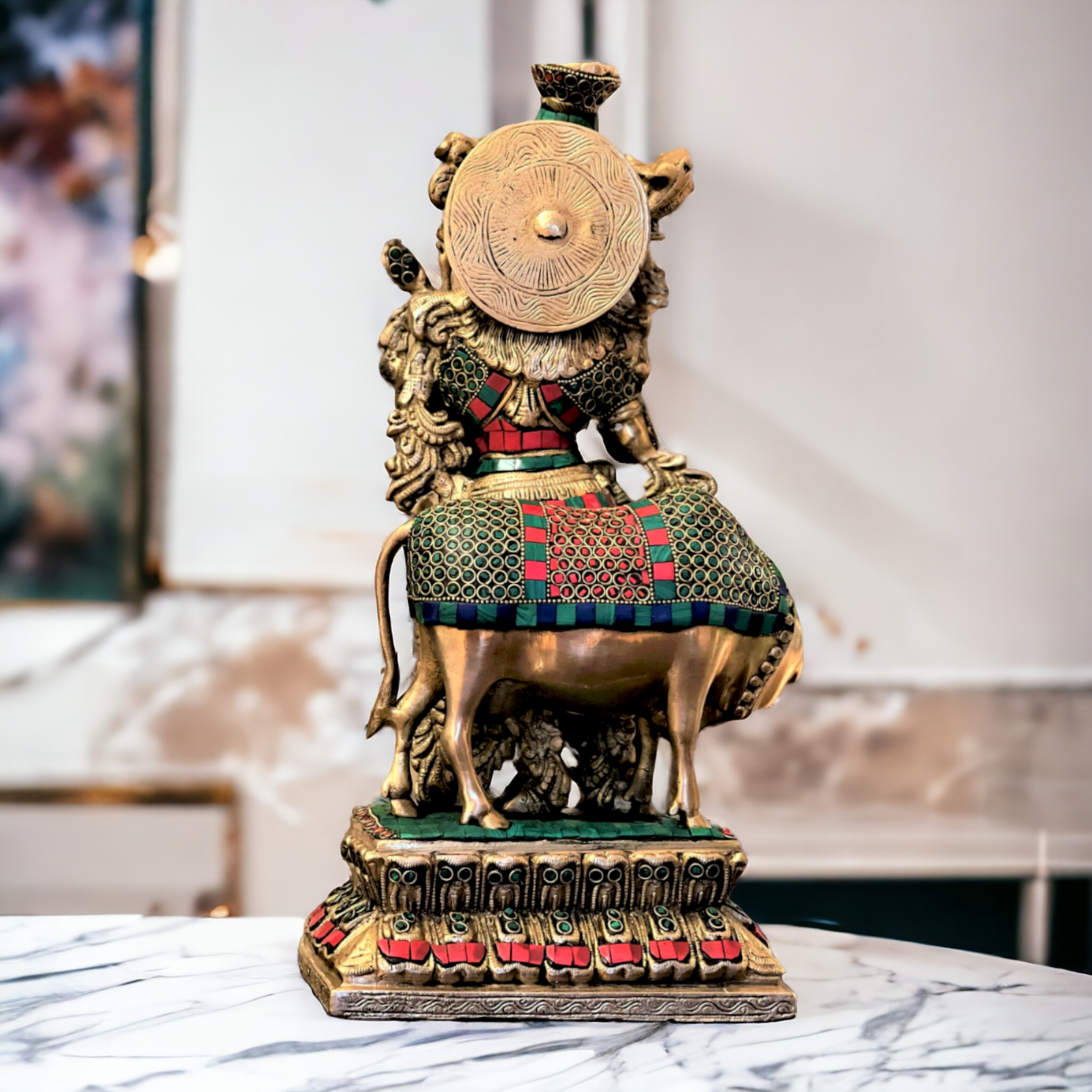 Buy Brass Krishna Murli Playing Flute with Cow Stone Work Idol - 17 Inch Nikuressence