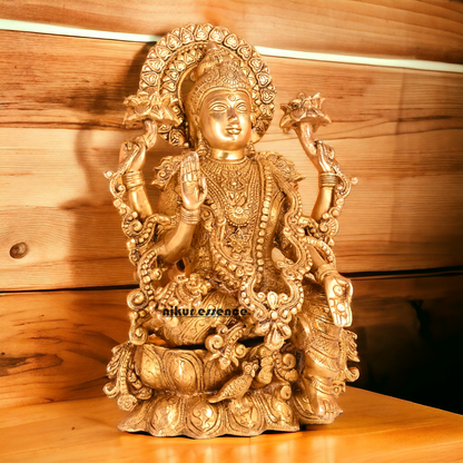 Solid Brass Lakshmi Sitting on Lotus Idol- 16.4 inches Nikuressence