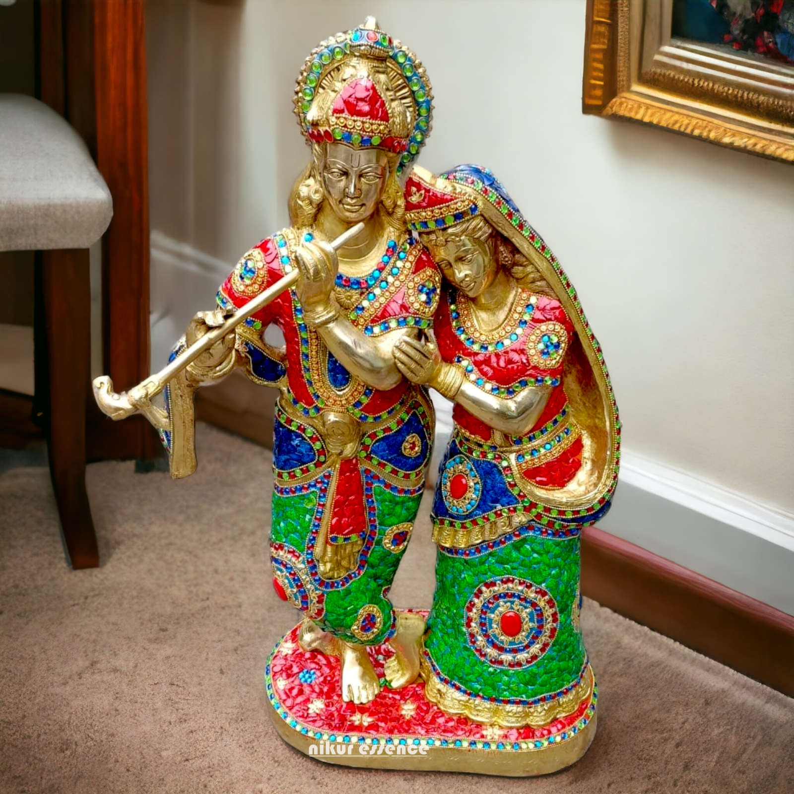 Shop Brass Radha Krishna Standing Playing Flute Idol with Stone Work - 24 inches Nikuressence