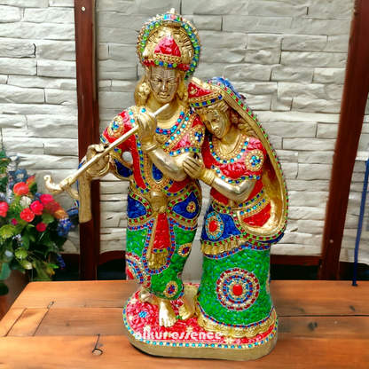 Shop Brass Radha Krishna Standing Playing Flute Idol with Stone Work - 24 inches Nikuressence