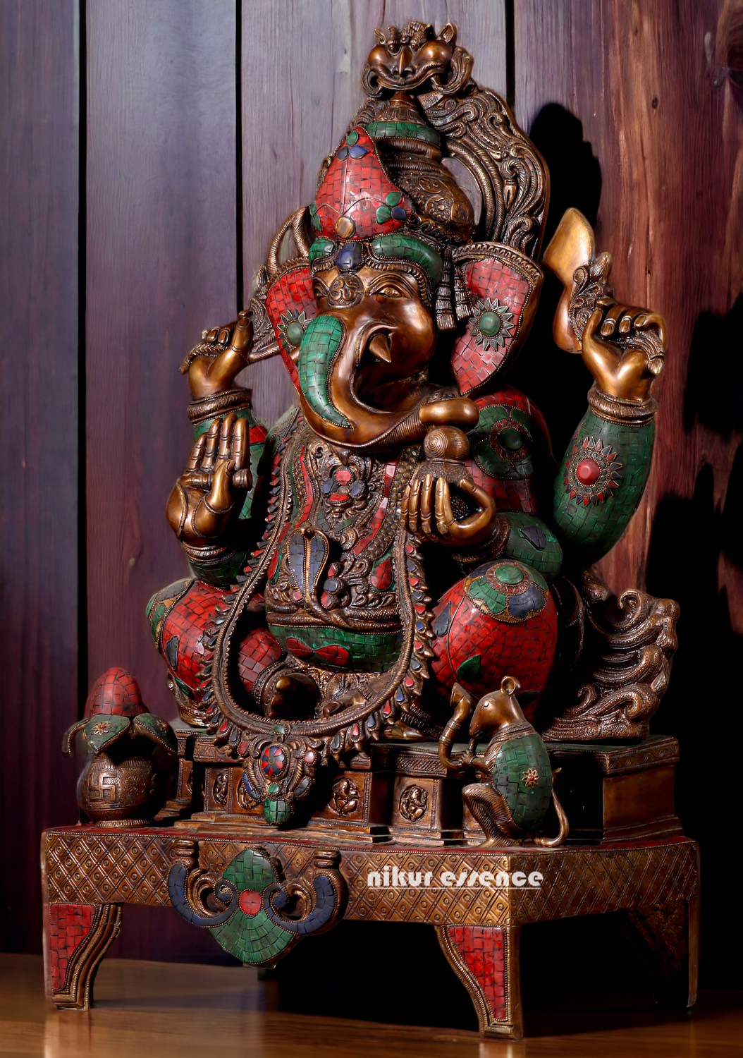 Large Brass Ganesh Ganpati Sitting on Singhasan - 35 inches Nikuressence