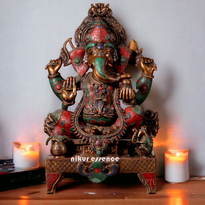 Large Brass Ganesh Ganpati Sitting on Singhasan - 35 inches Nikuressence
