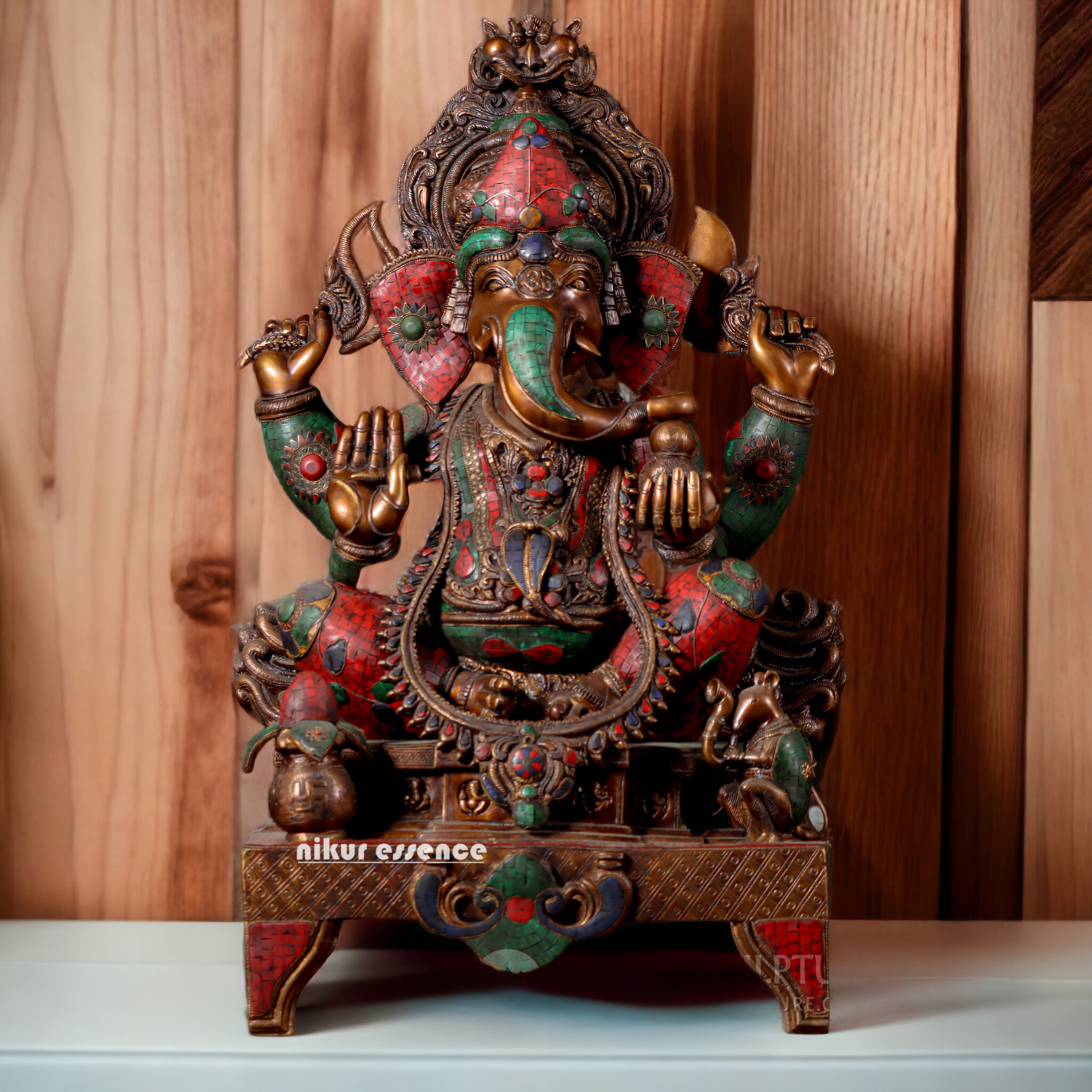 Large Brass Ganesh Ganpati Sitting on Singhasan - 35 inches Nikuressence