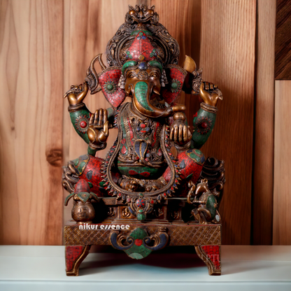 Large Brass Ganesh Ganpati Sitting on Singhasan - 35 inches Nikuressence