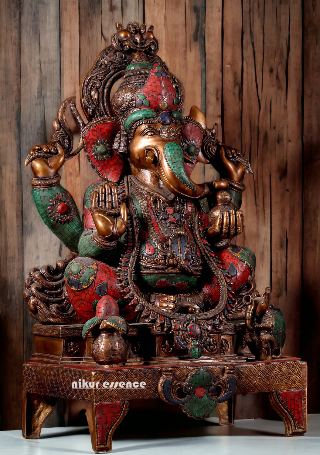 Large Brass Ganesh Ganpati Sitting on Singhasan - 35 inches Nikuressence