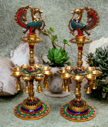 Shop Brass Pair Peacock Diya Lamp with Stone Work - 20 inches Nikuressence