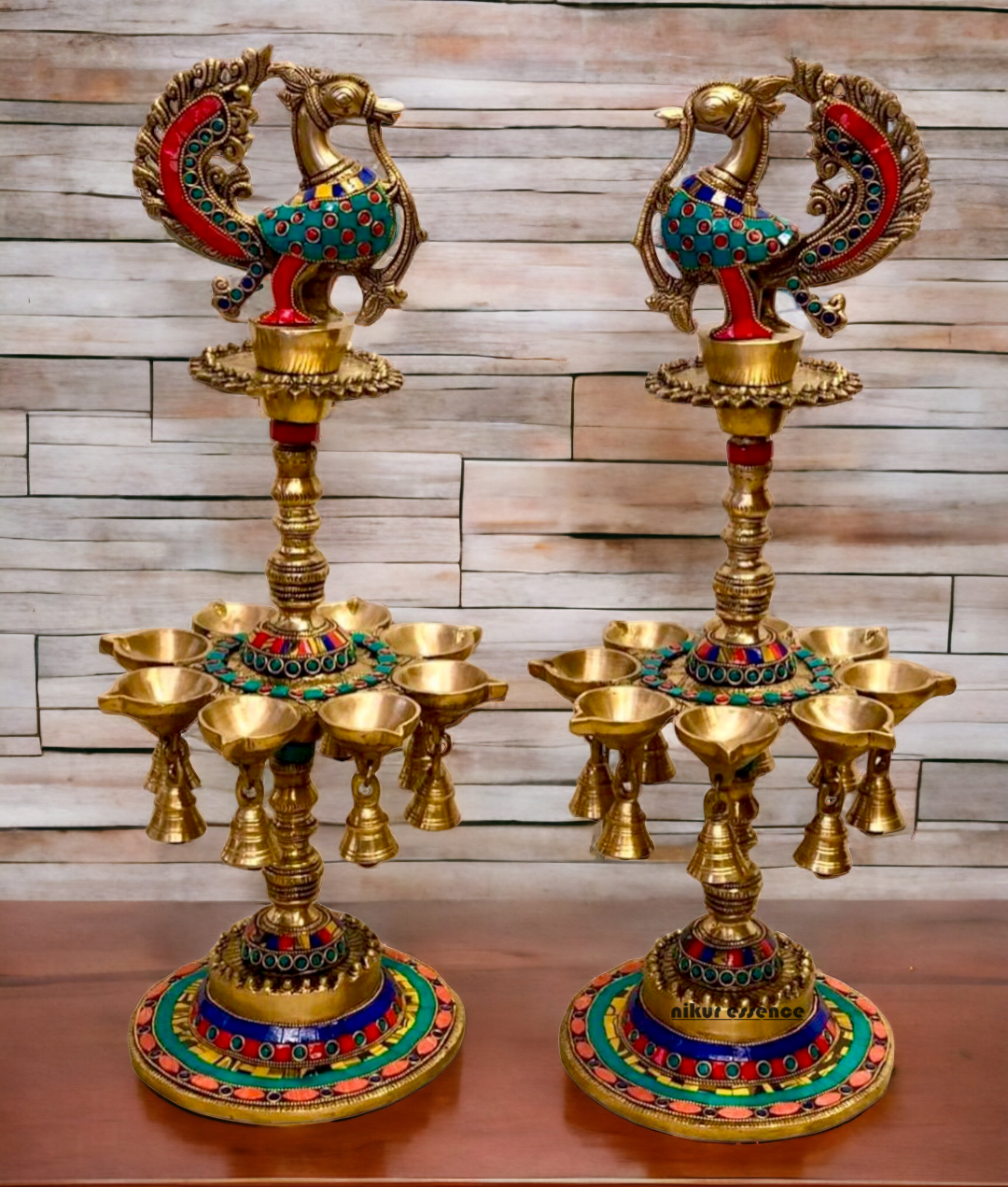 Shop Brass Pair Peacock Diya Lamp with Stone Work - 20 inches Nikuressence