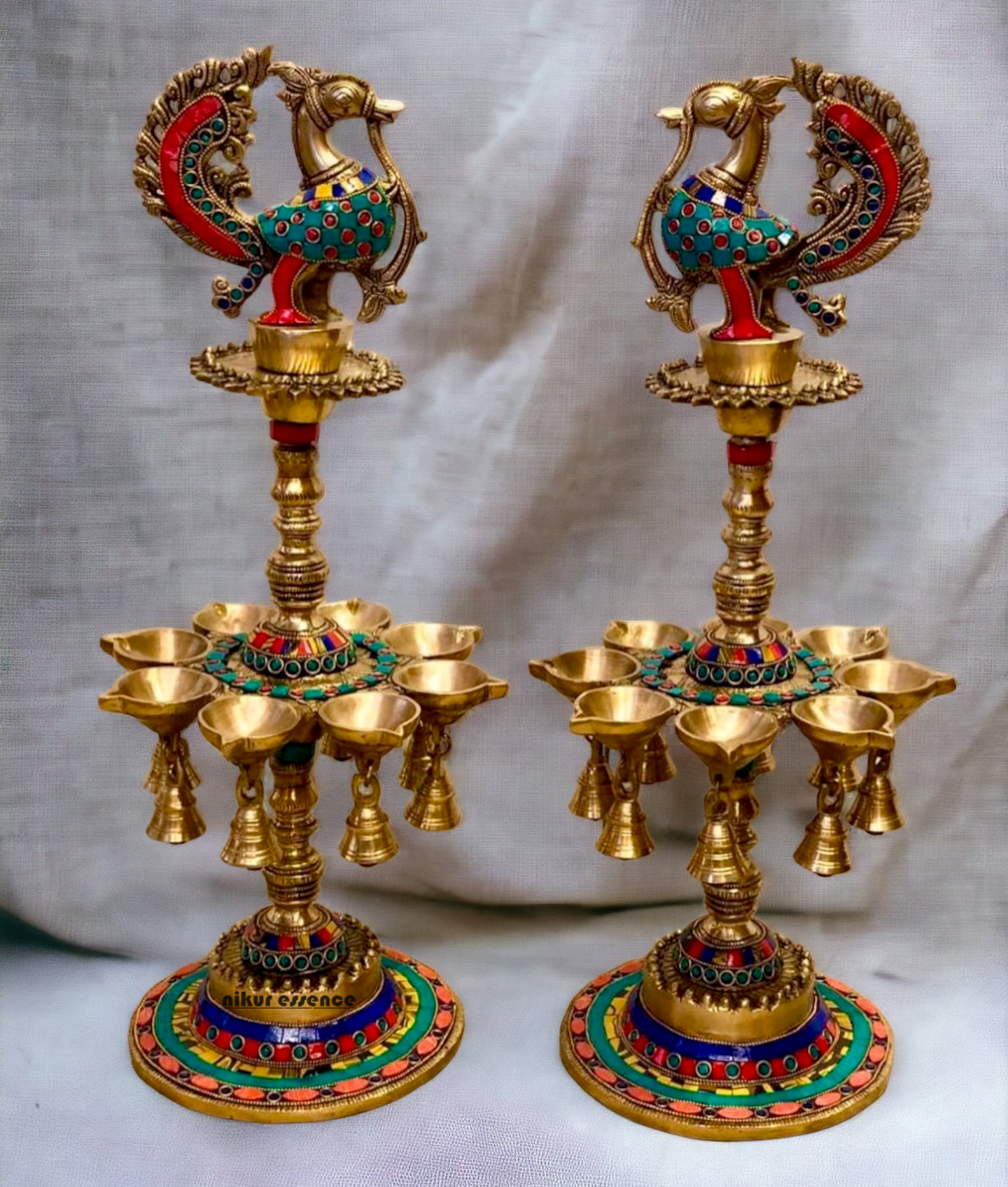 Shop Brass Pair Peacock Diya Lamp with Stone Work - 20 inches Nikuressence