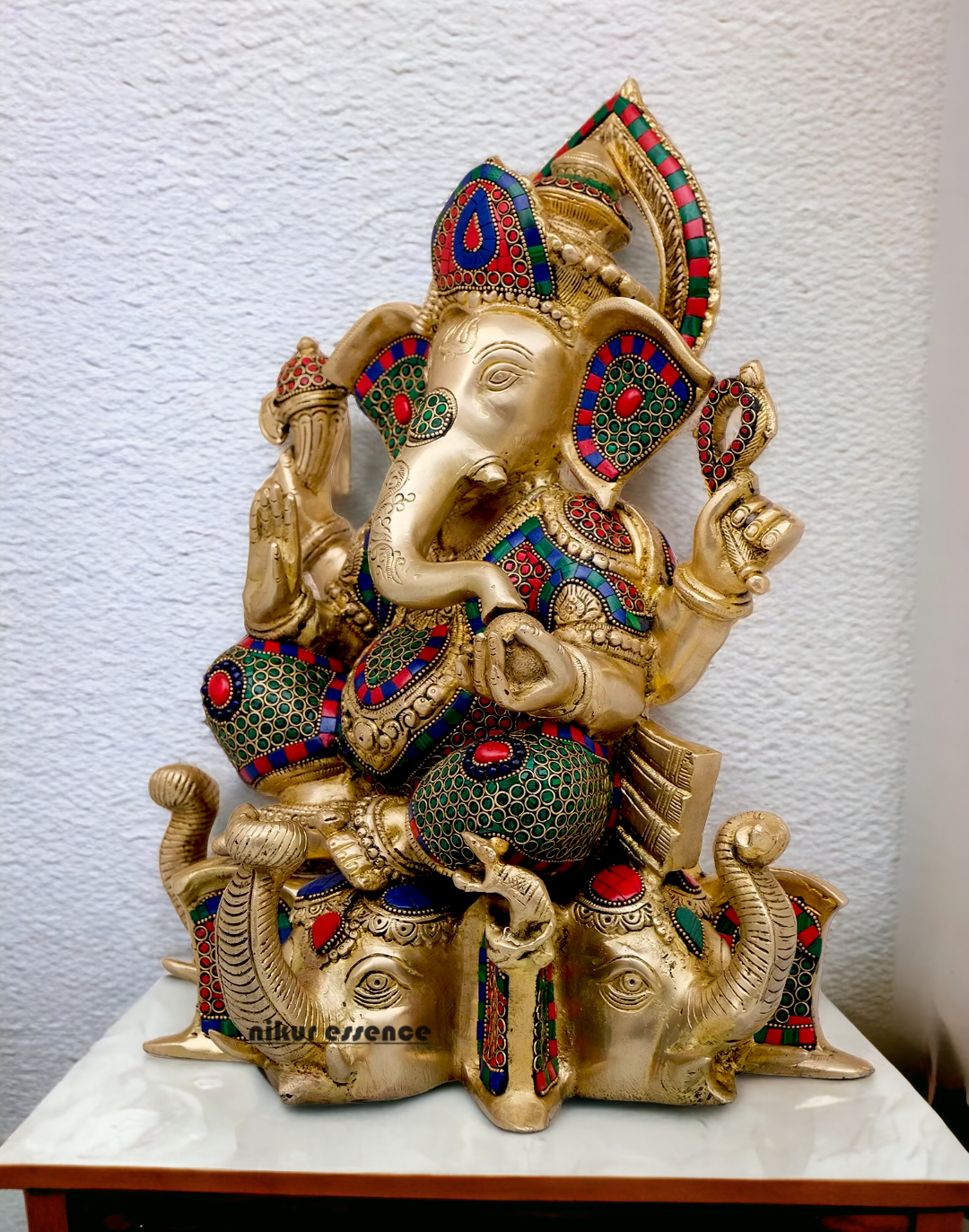 Large Brass Ganesha/Vinayaka Sitting on Elephant Idol with Stone Work - 16.5 inches Nikuressence